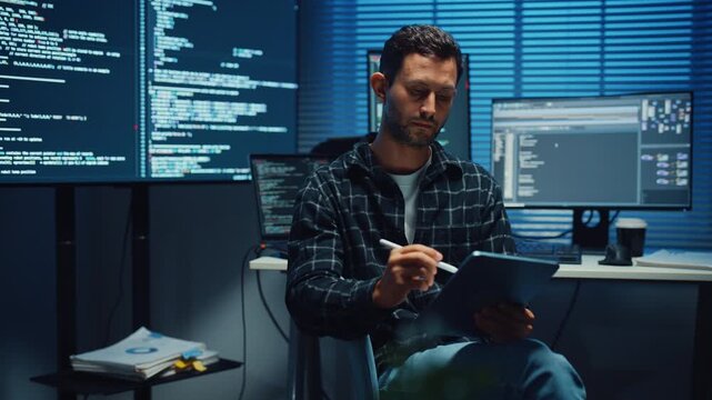 Young Caucasian male programmer use tablet for code design and plan in dark home office at night. AI technology, cybersecurity, software developer, freelance innovation, digital data network concept.