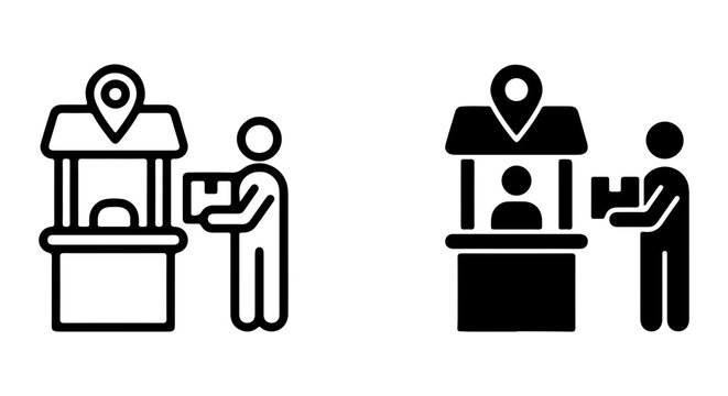 Location Pin Booth Icons, Retail Kiosk and Customer Delivery Vector Set, Commerce and Service Symbols