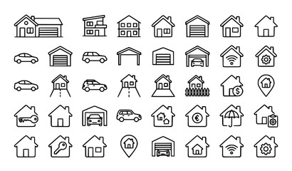 House with Garage and Car Outline Icon Set EPS10 © MD
