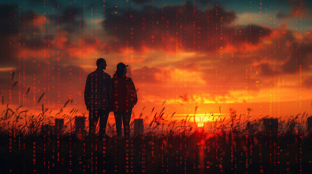 Couple standing on a hilltop at sunset, looking out at the city with digital rain overlay.