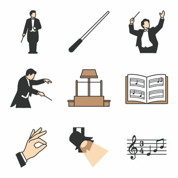 Orchestral Elements Collection: A set of nine icons depicting a conductor in various poses, a music stand, a conductor's baton, an open music score, a spotlight, and a hand gesture.