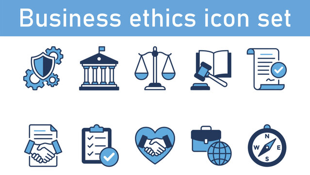 Business ethics icon set. Containing compliance, integrity, responsibility, trust, law, justice, honesty, leadership and more. Solid vector icons collection. Professional flat style design.

