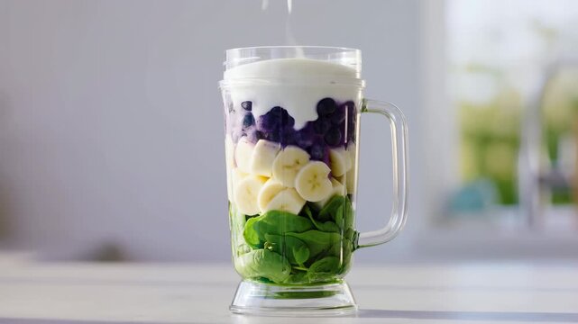 layered drink being poured into a glass cup with a clean and refreshing green base and purple middle layer on a light-colored surface with blurred white flowers.