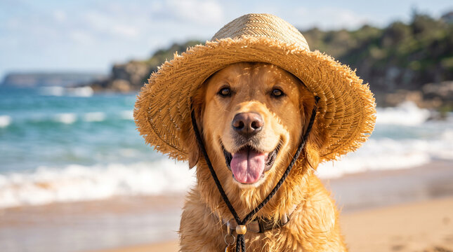 Happy golden retriever dog wearing a straw hat on a sunny beach, looking at the camera with a joyful expression, summer vacation concept