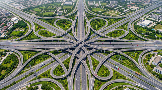Aerial view of a complex highway interchange in china, featuring multilevel roads, cloverleaf loops, and overpasses surrounded by lush greenery and urban infrastructure