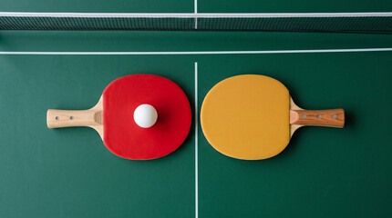 Top view of two ping pong rackets, one red and one yellow, with a white ball on the red racket, placed on a green table tennis surface with a net in the background © LENSORIA