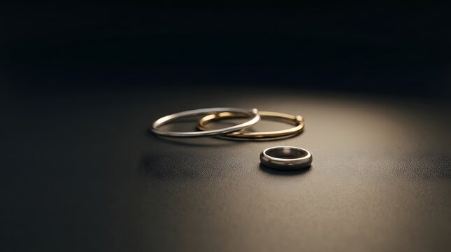 Close-up on two intertwined rings one gold one silver and one plain silver band on dark reflective surface with dramatic lighting.