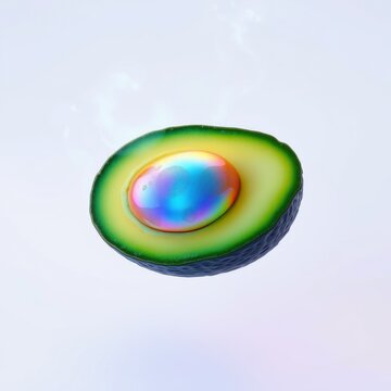 Sliced avocado displays vibrant rainbow hues within pit area. Soft lighting creates surreal, artistic presentation. Freshness emphasized.