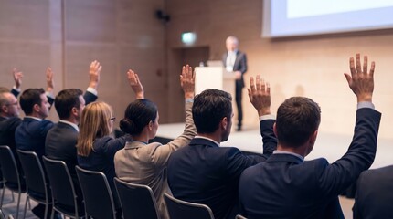 Obraz premium Diverse professionals raising hands during corporate seminar, voting in business session, on conference hall, leadership, engagement concept