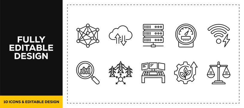 flat vector illustration line art icon bundle set design representing data center cloud computing server network web hosting database technology digital information ui