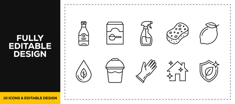 flat vector illustration line art icon bundle set design showcasing house cleaning supplies bucket sponge spray bottle hygiene domestic chore sanitation service graphic