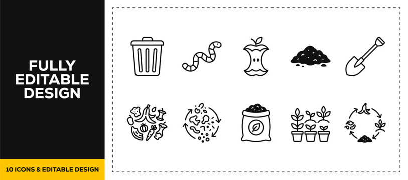 flat vector illustration line art icon bundle set design illustrating waste sorting composting recycle organic dirt trash bin garbage ecology conservation management ui