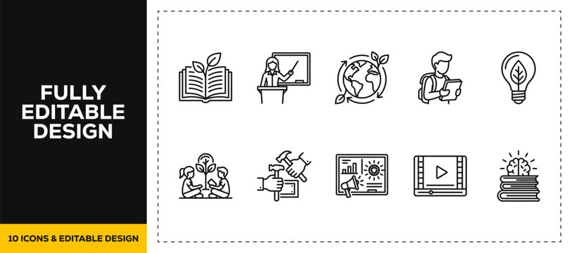 flat vector illustration line art icon bundle set design focusing on education online learning idea brain knowledge book academic school university student graphic ui