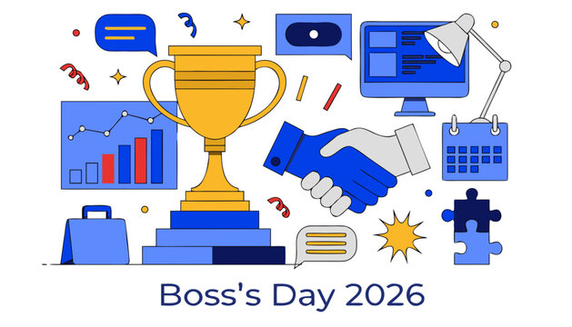 Bosss day 2026 celebration graphic with trophy and handshake