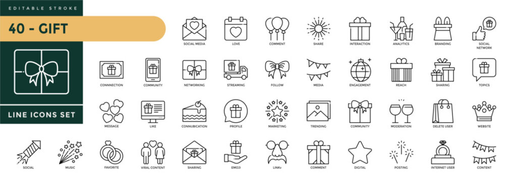 A collection of Gift icons set with editable stroke, including bonus, award, prize, discount, birthday, gift box, surprise, gift idea. Thin linear vector illustration