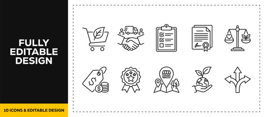 Naklejka premium flat vector illustration line art icon bundle set design featuring eco friendly shopping grocery organic product basket nature consumerism cart market commerce graphic