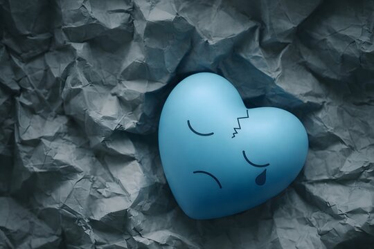 Alone and loneliness. Mental torment image. Blue cracked heart on scrunched paper.