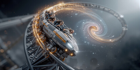 Fototapeta premium Spinning galaxy ride. Enthusiastic riders embrace twists ascending towards celestial center
