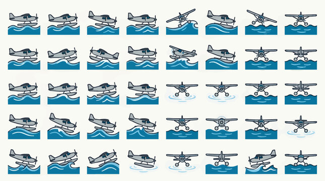 Flat Vector Icon Sheet of 27 Seaplanes in Various Poses on Water, Simple Line Art with Blue Waves and Gray Aircraft, Graphic Resource Set
