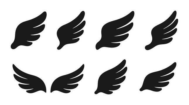 Set of black stylized wing icons in different sizes and angles for design and branding projects