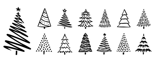 Christmas tree set, abstract artistic pine tree doodles set vector minimalist christmas tree line art winter greeting elements, tree, pine, fir, spruce, forest, nature, wood, events, holiday, festival © Uttham