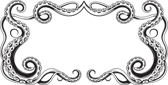 Ornate black octopus tentacle frame border with suckers curved design.