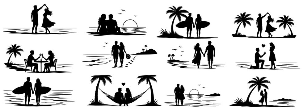Beach romance silhouette, Collection of romantic couple silhouettes on the tropical beach at sunset featuring surfing dancing marriage proposal and hammock relaxation scenes vector illustration.
