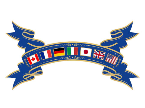 Ornate blue ribbon featuring g7 world flags and gold accents