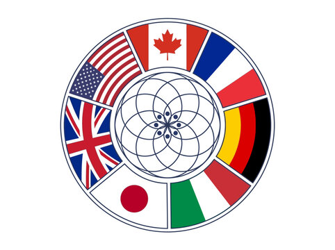 Global g7 summit member country flags in a circular emblem