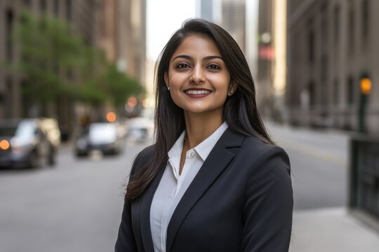 Smiling South Asian businesswoman in formal suit standing near modern office buildings on a sunny city street, looking upward with hope and drive, representing ambition, diversity, and leadership