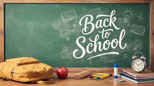 Back to school concept with chalkboard and supplies on desk