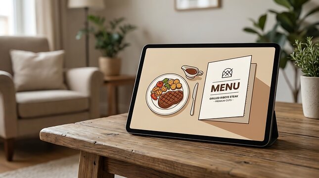 Digital tablet displaying a restaurant food menu on a wooden table in living
