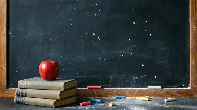 A stack of old books with a red apple on top beside a chalkboard