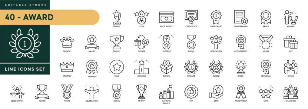A collection of Award icons set with editable stroke, including badge, trophy, certificate. Thin linear vector illustration