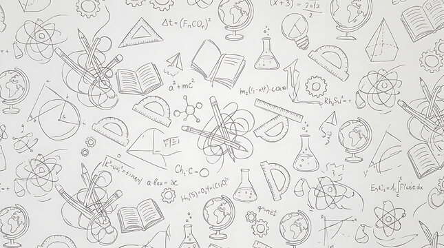 A seamless pattern of educational icons and symbols on a light gray background