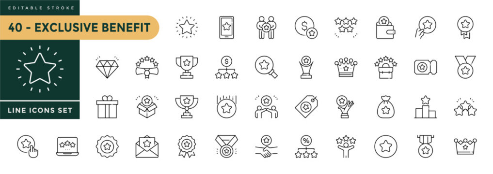 A collection of Exclusive Benefit icons set with editable stroke, including prize, reward, incentive. Thin linear vector illustration