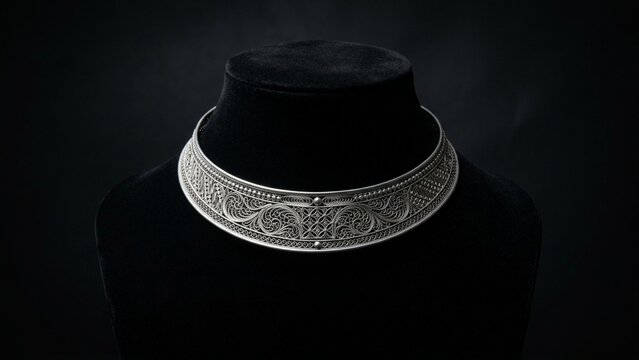 Silver filigree choker necklace displayed on black velvet mannequin bust under dramatic studio lighting