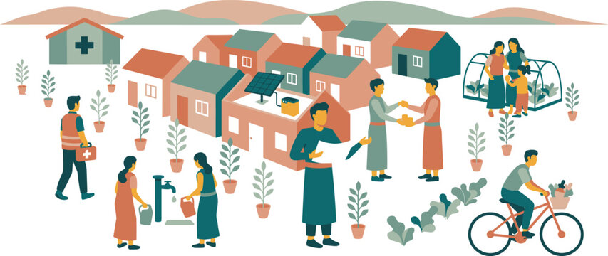 Community Development and Humanitarian Support Vector Illustration Featuring Neighborhood Empowerment, Volunteer Assistance, Social Inclusion, Sustainable Livelihoods and Urban Resilience