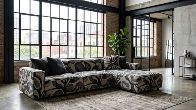 Patterned sectional sofa in modern industrial loft living room with brick walls and city views