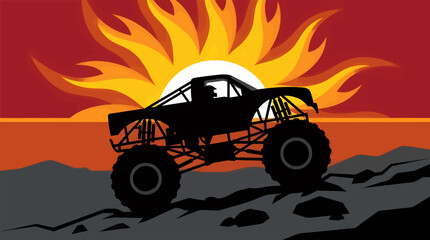 Black Silhouette Monster Truck on Rocky Terrain Against Fiery Sunset and Sunburst, Flat Vector Illustration © titin