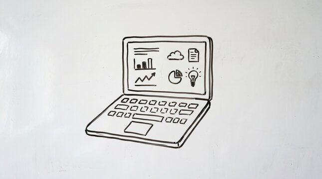 Black hand-drawn laptop computer icon displaying business analytics charts, a cloud server, data sheets, and an idea lightbulb on the screen.