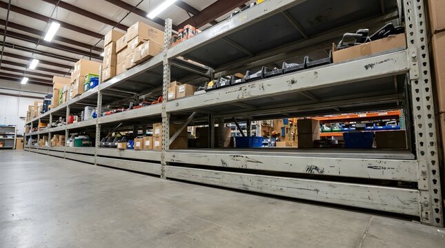 Large warehouse storage racking system with cardboard boxes in aisles showing industrial supply chain logistics and inventory management setup within distribution facility interior space.