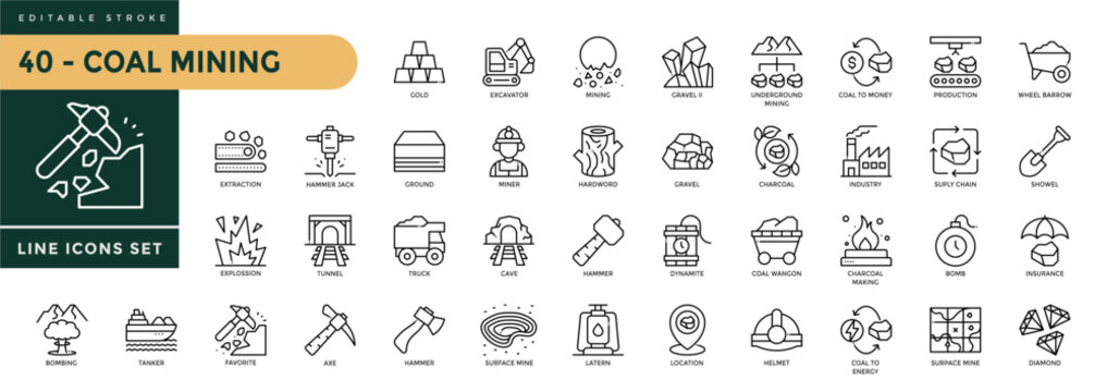 A collection of Coal Mining icons set with editable stroke, including wood, miner, cave, charcoal, factory, extraction, fuel, grill, excavator. Thin linear vector illustration