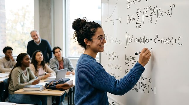 Woman teaching mathematics at whiteboard with students in classroom