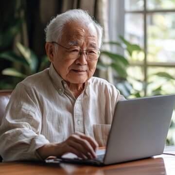 East Asian elderly patient uses laptop for virtual medical consultation demonstrating digital healthcare accessibility and modern telemedicine technology for seniors
