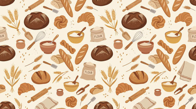 Flat vector bakery seamless pattern, artisan bread, croissants, wheat and baking tools, warm neutral palette

