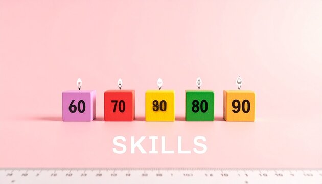 Pink background skill blocks with arrows symbolizing levels and progress