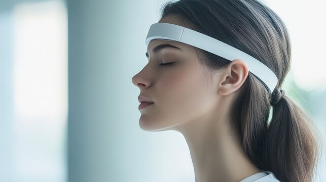Smart headband wearable technology monitoring brain activity and providing meditation feedback in modern health focused design, mindfulness and wellness device concept