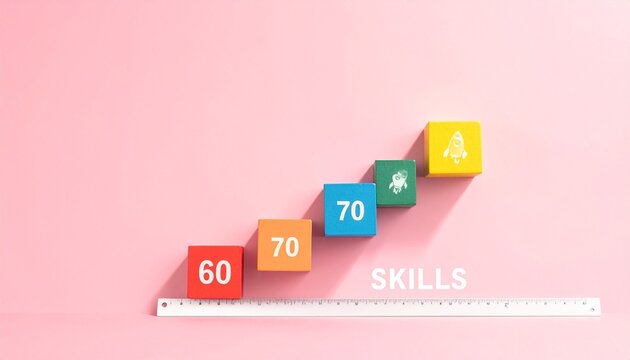 Pink background staircase blocks with rocket symbolizing skill growth progress