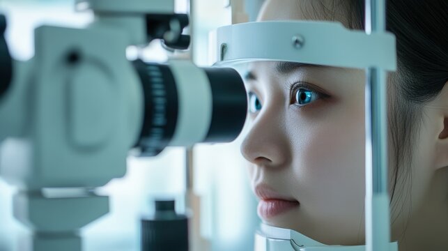 Chinese ophthalmologist performing detailed glaucoma screening in modern eye clinic using diagnostic equipment, emphasizing early detection and precision in preventative vision care procedures.